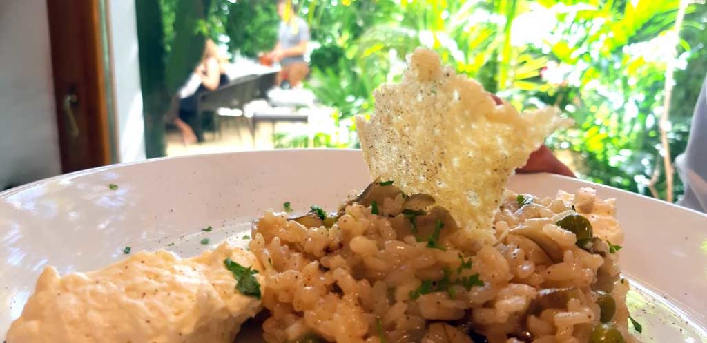 Risotto con alcachofas, espuma de mascarpone y crujiente de parmigiano